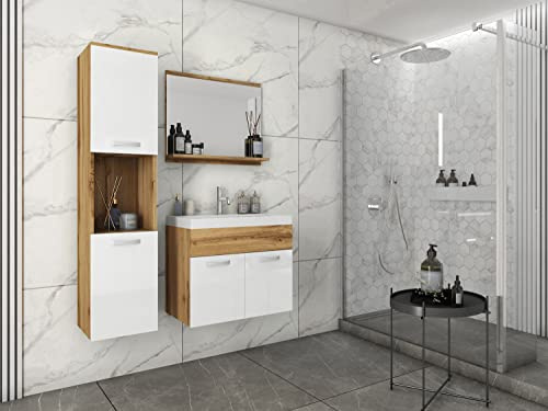 MINIO go for it - 3-Teilig Badmöbel Set Monal, Spiegel mit Regal | Schrank mit Waschbecken Laminierte Spannplatte Griffe und Beschläge aus Metall Wotan Eiche und Weiß Hochglanz