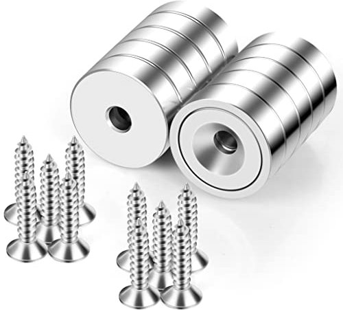 Neosmuk 15kg Strong Round Cup Magnet with Hole - Heavy-Duty Neo Magnet with Screw for Wood, Wall Tools Rack - Pack of 10