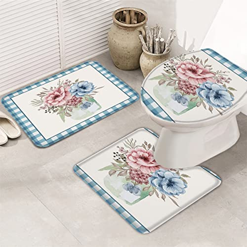 3 Stück Badgarnitur Rosa Blume Idyllische Blüten-Blumen-Blau-Büffel-Plaid Badteppich Atmungsaktivem U-Förmige Matte Mikrofaser Wc Garnitur Für Bad, Badezimmer, Neben Der Badewanne