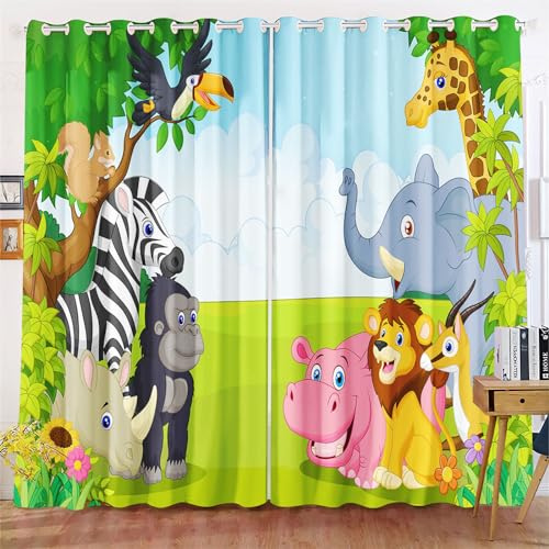KIDSLOVE Tende oscuranti con animali della foresta, con animali della foresta, motivo: tigre, leone, elefante, giraffa, opaca, per camera da letto, cameretta dei bambini, 3,220 x 215 cm (larghezza x