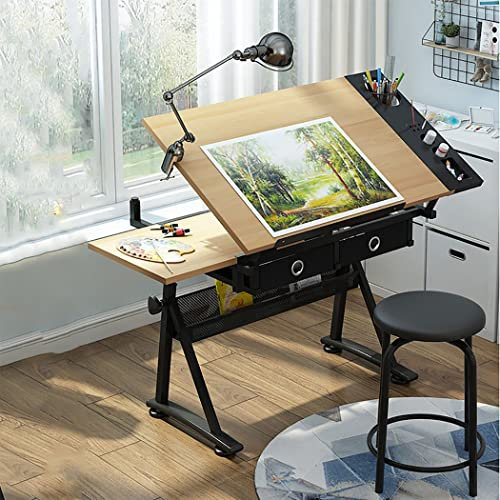 Aioneer Verstellbarer Zeichentisch mit Neigbarer Tischplatte/2 Schubladen/Hocker, Holzton, 119–139 x 60 x 78–93 cm, Für Zuhause und Büro, Arbeitsplatz, Skizzieren, Schreiben