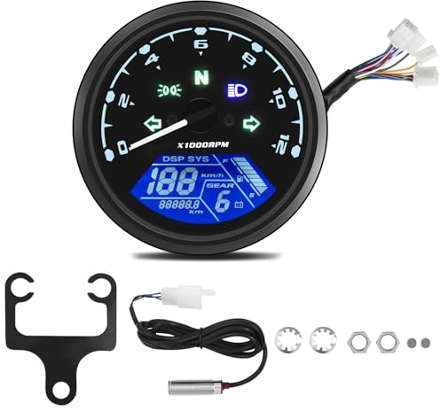 Geloo Motorcykel Universal Motorcykel Vägmätare Digital Hastighetsmätare med Stöd 12 000 RPM 199KMH MPH LCD Varvräknare för 1,2,4 Cylinder med Multifunktionsindikatorlampa 12 V