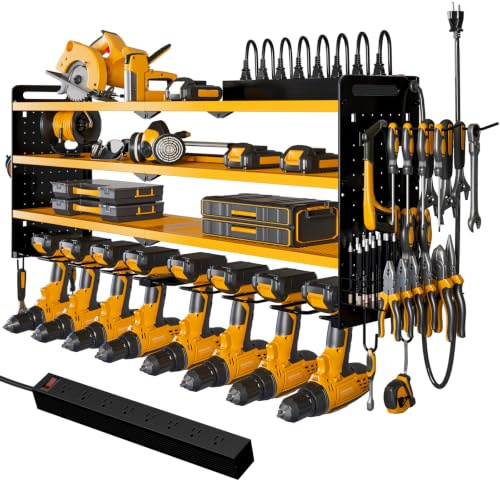 NattyDot Power Tool Organizer Wall Mount with Charging Station,Cordless Tool Organizer 8 Drill Holder, 4 Layer Storage Rack for Garage Organization,Tool Holder with 8 Outlet Power Strip(Yellow)