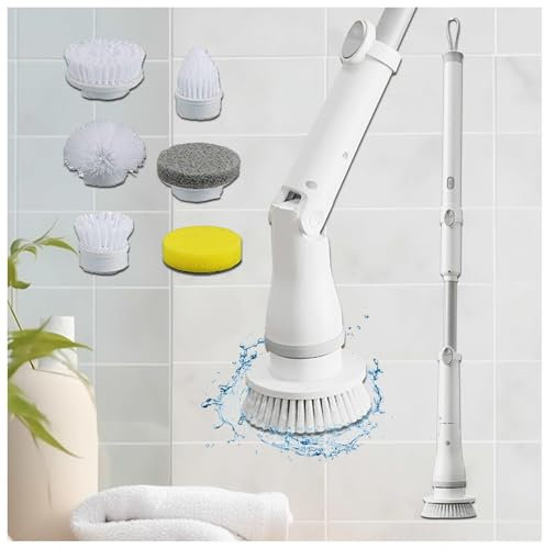 Shower Scrubber for Cleaning Electric Spin Cordless with 6 Replaceable Brush Heads, LED lights,Long Handle, Electric Bathroom Scrubbing Brush 2 Adjustable Speeds for Bathroom Floor Tile