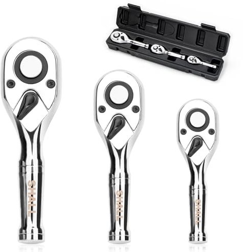 SHALL 3-Piece Stubby Ratchet Set - 1/4'', 3/8'', 1/2'' Mini Drive Ratchet with Storage Box - Quick Release & Reversible Small Ratcheting Handle Set - 72-Tooth, Full Polished, Chrome Alloy Made