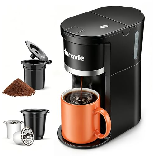 Horavie Small Single Serve Coffee Maker, Fast Brew One Cup Coffee Machine for K Cup and Grounds, 6 to 12 oz. Brew Sizes, Pod Coffee Maker with Descaling Reminder and Viewing Tank, Black