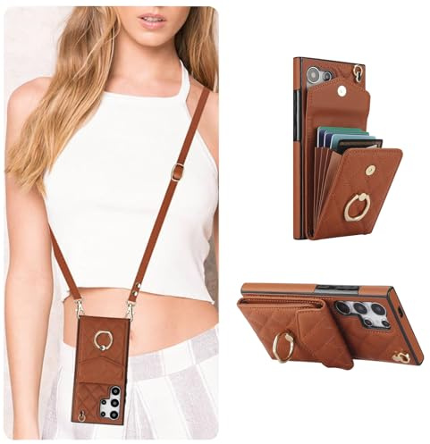 QLTYPRI Handyhülle für Samsung Galaxy S25 Ultra Hülle mit band, Mikrofaser Leder Handykette Case mit Kartenfach Ringständer RFID Schutzhülle Lederhülle Tasche Etui für Samsung Galaxy S25 Ultra - Braun