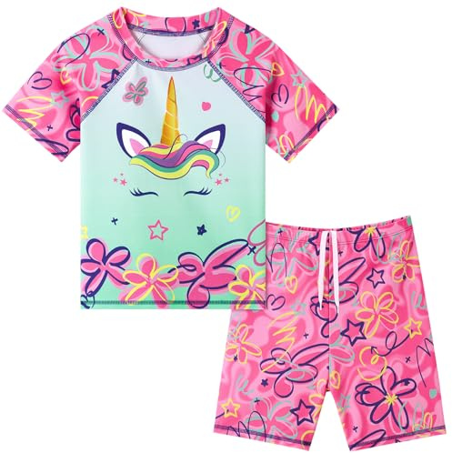 Mädchen Badeanzug Bademode Schwimmen 2 Stück Kinder Uv-Schutz Badeanzug | Bade-Set Trunk und Rashguard Shirt Schnelltrocknend Strand Schwimmen Badebekleidung
