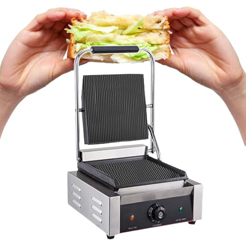 Commercial Panini Press Grill, Electric Stainless Steel Sandwich Panini Maker Non-Stick, Temperature Control 122℉-572℉, for Hamburgers, Steaks, Bacons,110V