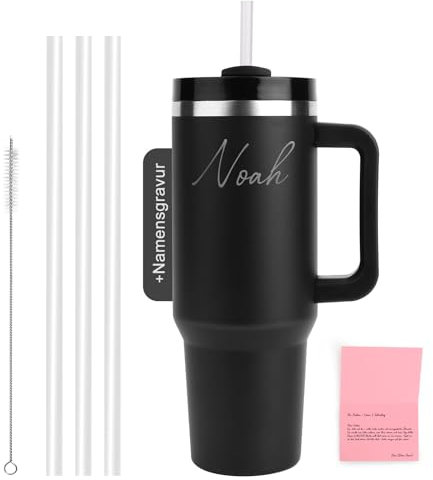 WALLFID 40oz Edelstahl Thermobecher, personalisierbar mit individuellem Namensaufdruck, vakuumisoliert mit Deckel, inkl. 3 Strohhalmen & Reinigungsbürste (Schwarz)