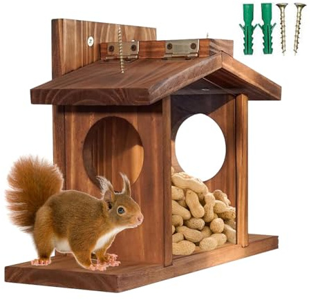Eichhörnchenhaus aus Holz – Stabiler Futterspender für den Außenbereich mit abnehmbarem Dach | Streifenhörnchen und Eichhörnchen Futterstation, einfach zu befüllen mit Mais, tierfreundliche
