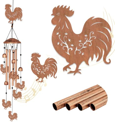 INFUNLY Windspiel Mit Hahnenmotiv Für Draußen Hühnermuster Metall Windspiele Aluminiumröhren Windspiel Mit Kleinen Glöckchen Röhren Gedenk Windglocke Für Hof Gartendekoration Einweihungsgeschenk