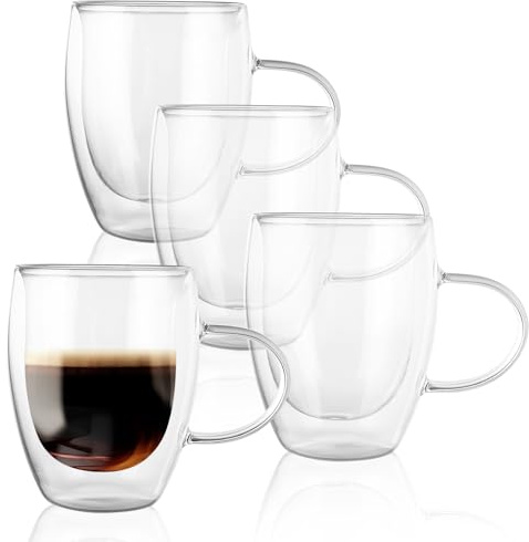 LOPYXBR 350ml Double Wall Glass Coffee Mugs Set of 4, Glass Mugs for Hot Drinks with Handles, Double Glasses Coffee Cups 350ml for Hot Drinks Tea Milk Juice Ice Cream, Tea Bag Espresso(350 ml/12oz)