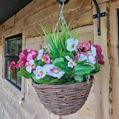 Best Artificial 10 Wicker Rattan Basket with 30cm Pansy Flower Display - Suitable for Outdoor, Indoor and Garden (Multi Listing) (Plum & White)