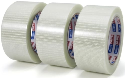 ADHES 3 Rouleaux 50MM X 32M Ruban Adhésif En Fibre De Verre - Renforcement | et Cerclage, Bande Renforcée, Armé, Filament d'Emballage