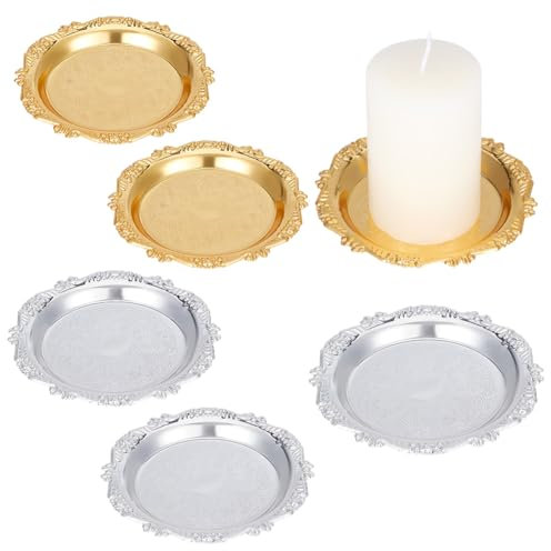 OLYCRAFT 6 portavelas de hierro de 15 cm de diámetro, bandeja redonda plateada y dorada para velas decorativas para mesa de café, encimera, decoración del hogar