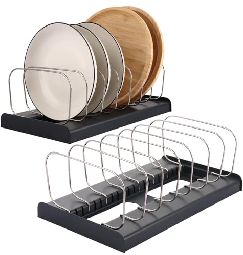AKOLAFE 2 Pack Baking Tray Storage Rack Pan Lid Holder for Kitchen | Kitchen Drawer Cupboard Organiser 7 Adjustable Dividers Cookware Organiser for Pans, Pots, Lids, Chopping Boards Storage
