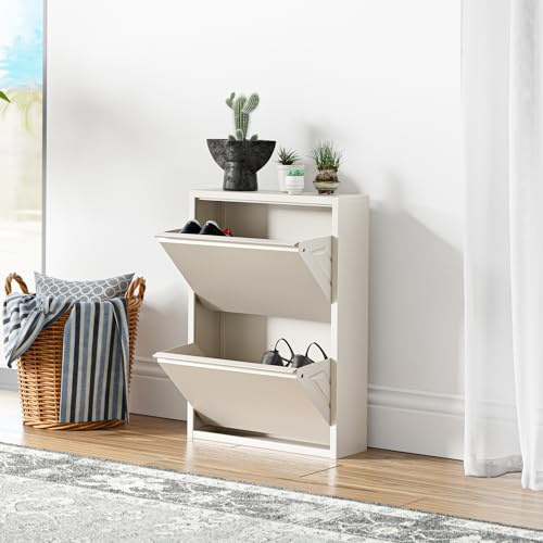 [en.casa] Schuhschrank Sokndal Schuhkipper mit 2 Klappen Metall Schuhkommode für 4 Paar Schuhe 71 x 50 x 15 cm Pfefferweiß