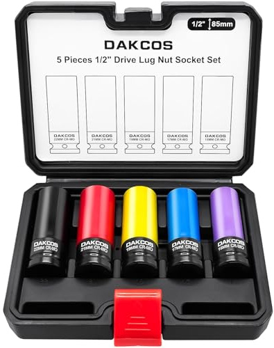 DAKCOS 5tlg. Schlagschrauber Nüsse 15 17 19 21 22mm Kraft Steckschlüssel mit Schonhülsen,CR-MO Schonnüsse 1/2 Antrieb für Alufelgen Radwechsel, Länge: 85mm
