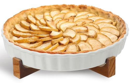 LemonRoad 9 Inch Ceramic Pie Pan with Wooden Bracket Ceramic Deep Fluted Pie Dish for Baking Quiche Pan Fluted Quiche Baking Dish for Tart Chicken Pot Cheesecake Creme Brulee