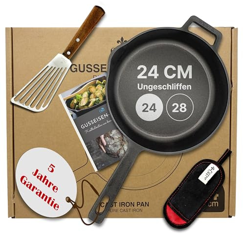 Ottia reine Gusseisenpfanne Induktion 24cm (ungeschliffen), mit eKochbuch, Pfannenwender, waschbarem Hitzeschutz, Gusseisen, Eisenpfanne, Cast Iron Pan, Händler aus Hamburg