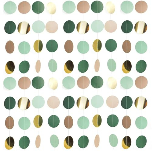 Ainmto 52Ft Hängenden Papier Girlande Grün und Gold,Rund Punkte Papier Deko for Party(4M x 4)