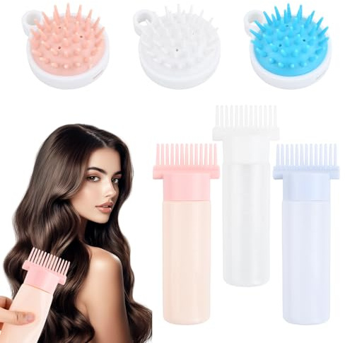 Aohyue Hair Oil Applicator Bottle Set, 3 Pack Root Comb Applicator Bottles with Graduated Scale, 3 Hair Scalp Massager Shampoo Brush for Even Dyeing and Scalp Care