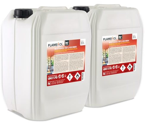 FLAMBIOL Lot de 2 bio-éthanol 20 l 100 % pour cheminée à l'éthanol, foyer à l'éthanol, feu de table à l'éthanol et cheminée au bioéthanol Höfer Chemie
