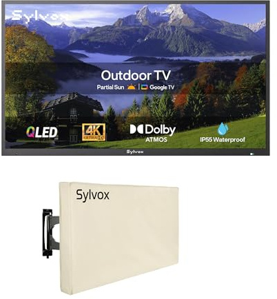 SYLVOX 43 TV Extérieur avec Housse, Smart Google Outdoor Television Étanche IP55-4K UHD QLED 1000 Nits, DVB-T2/S2/C, WiFi, Google Assistant, pour Pool, Jardins, Terrasse (Deck Pro 2.0 QLED)