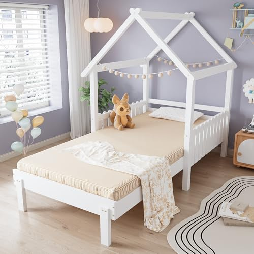 3ft Single Tree House Canopy Bed with Pull out Trundle Bed, Wooden House Bed Frame with Safety Guardrail & Wooden Slats, Guest Beds Sofa Beds For Kids Children Teens, 190x90 cm, White, No Mattress