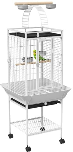 PawHut Vogelkäfig mit 3 Türen für Nymphensittiche 62,5x62,5x156cm Weiß | Papageienkäfig, 2 Sitzstange, 360° Rollen, Futternapf, Ablage, Vogelvoliere mit Freisitz, Herausnehmbar Tablett
