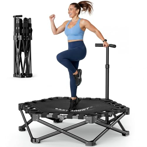 EAST MOUNT 42 Foldable Mini Trampoline for Adults, Quiet Fitness Rebounder with Adjustable Handle, No-Assembly Indoor Exercise Trampoline, 450LBS Capacity