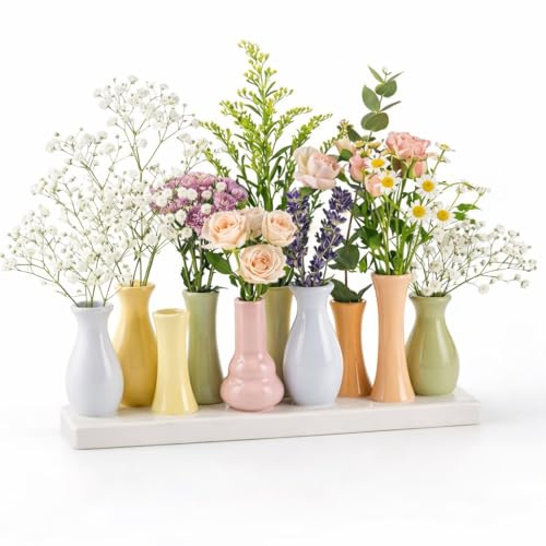 Dekovase Handgefertigte kleine Keramik Deko Blumenvasen Set aus kleinen Vasen, bunt & weiß, dekorative Keramikvasen auf Sockel für Trockenblumen, hübsche Mini Vase (Vase (10er) bunt V2-30cm)