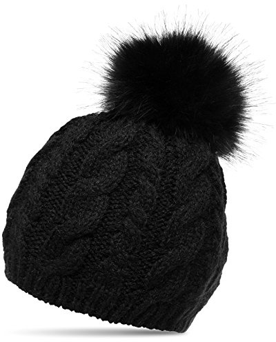 Caspar MU176 Damen Winter Mütze Strickmütze Bommelmütze mit großem Kunstfell Bommel, Farbe:schwarz, Größe:One Size