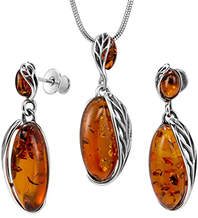 Copal dam smyckeset bärnsten äkta silver med justerbar ormkedja, Sterlingsilver, Bärnsten
