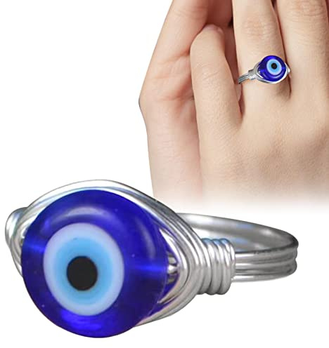 Edorco Mal Envuelto en Alambre | Mal Turco para Hombre,Anillos envueltos en Alambre Cobre, Plata y Oro para Mujer, Bodas con Cuentas Azul