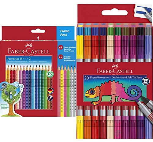 Faber-Castell 201540 - Buntstifte Set für Kinder und Erwachsene, 24-teilig, dreikant, bruchsicher, inkl. 4 Neonfarben und 2 Bleistiften & 151119 - Doppelfasermaler 20er Etui, 1 Stück
