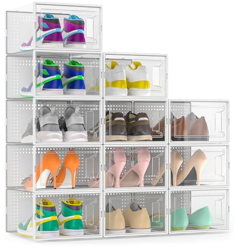 Secret Space 12 Stück große Schuh-Organizer-Aufbewahrungsboxen für Schrank, modulare, platzsparende Schuhboxen, transparenter Kunststoff, stapelbar, Sneaker-Behälter, Vitrine mit Deckel, weiß