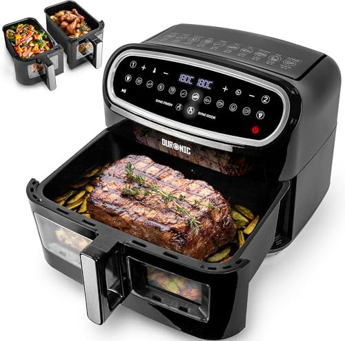 Duronic AF34 BK Heißluftfriteuse, XXL Heißluftfritteuse mit 2 Kammern für Pommes, Friteuse HLF 10L Volumen Airfryer, Air Fryer für Rezepte ohne Öl