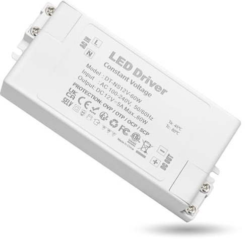 Transformador 12v 60w, Transformador 220v a 12v, Fuente 12v 5A 60W, 60W LED Driver, Alimentacion 12 volt Para Fuente de Alimentación de Tira LED G4 GU5.3 MR11 MR16, no regulable