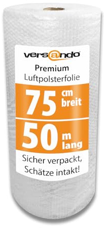 versando Premium Luftpolsterfolie 50m x 0,75m Versand, Verpackung, Umzug | Noppenfolie Bubble Wrap LPF Rolle