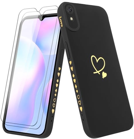 Vauki Hülle für Xiaomi Redmi 9AT/Redmi 9A mit 2 Schutzfolie Handyhülle Mädchen mit Herz Motiv Muster Weiches Dünne Silikon TPU Stoßfest Kratzfeste Case Kompatibel mit Xiaomi Redmi 9AT/Redmi 9A,Schwarz