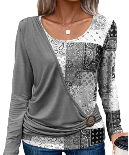Yeenily Camicia Donna Manica Lunga Magliette Scollo Rotondo Moda T-Shirt Elegante Maglietta Casual Camicette Basic Blusa Top (Grigio, M)