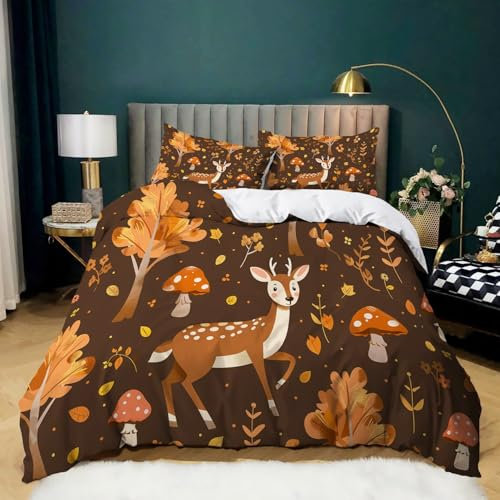 Bettbezug 220 cm X 240 cm Tiere Hirsche Im Dschungel Braun Orange – Bettwäsche Aus Ultrafeiner Mikrofaser, Hautfreundlich, Langlebig, Farbbeständig, 3-Teiliges Set Mit 2 Kissenbezügen 80X80 cm