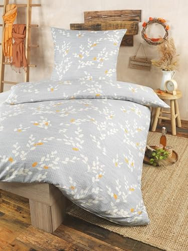 Lentz Juego de ropa de cama Seersucker – 2 piezas, 1 x edredón de 135 x 200 cm y 1 x almohada de 80 x 80 cm en moderno diseño de ramas, lavable a 60 °C (1)