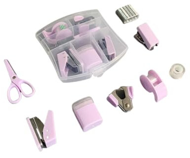 Kit de 8 piezas de suministros de oficina, bonito juego de accesorios de escritorio, juego de grapadora escolar, mini kit de suministros de oficina, estuche portátil con tijeras (morado)