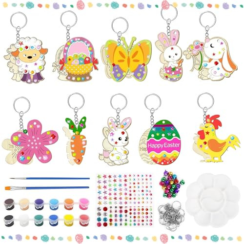 Fonyet Ostern Basteln Kinder 20 Stück Ostern Holz zum Malen DIY Holz Osterdeko Anhänger mit Farben, Pinseln, Schlüsselanhänger und Aufkleber, Bastelset Ostern Kinder 4+ Jahre