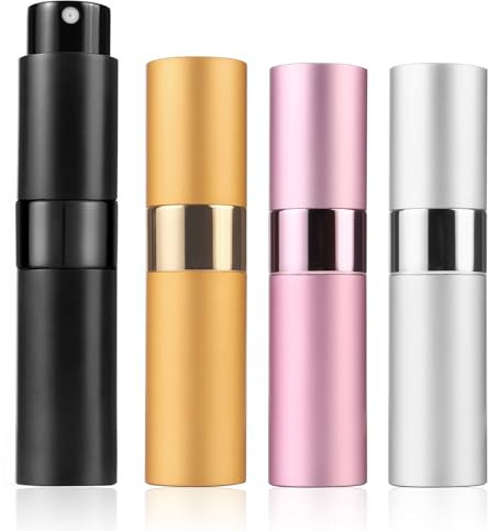 4 Flaconcini Spray Profumo Ricaricabili da 8ML (Set Viaggio) – Elegante Nebulizzatore Portatile per Essenza, Ideale per Regali, Festa, Ufficio, Palestra e Vacanze – Design Compatto e Senza Sprechi
