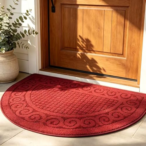 SASTYBALE Red Half Round Door Mat Indoor 18 x 30, Absorbent Non Slip Washable Doormat, Dirt Trapper Low Profile Entryway Rug for Front Door and Back Door