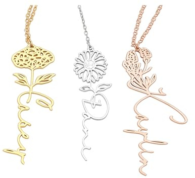 AUROGLOW Personalisierte Halskette mit Namen der Geburtsblume Anhänger aus Edelstahl mit Gravur Name und Blume des Geburtsmonats bedeutungsvolles Geschenk für sie Geburtstag Party